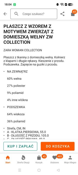 S/36 Zara płaszcz w panterkę z wełną wełniany premium