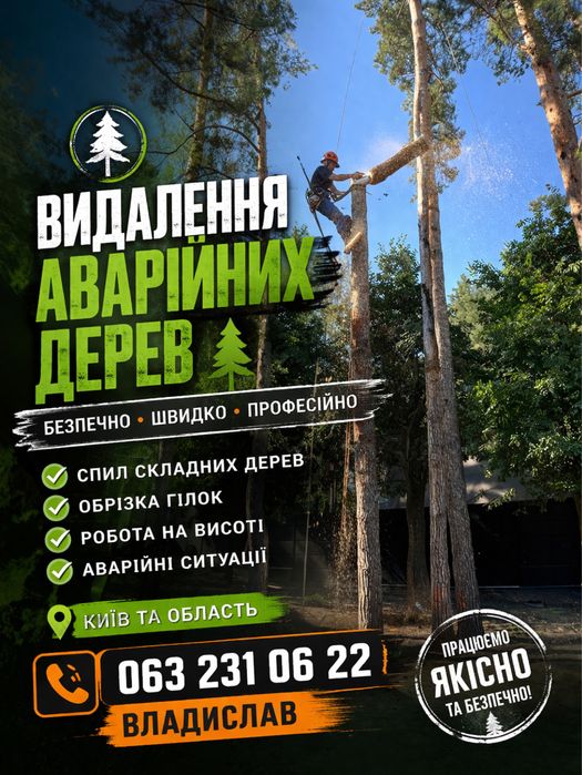 Зрізання дерев, Кронування, Обрізка гілок, Спил частинами, Зачистка території, Подрібнення гілок, Утилізація, Удаление деревьев