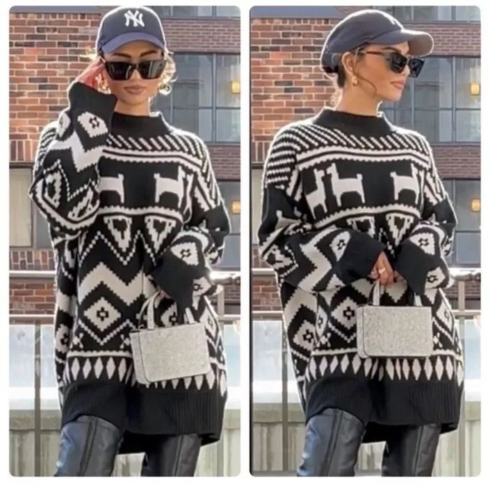 H&M L czarno-biały pudełkowy sweter z wełną oversize skandynawski wzór