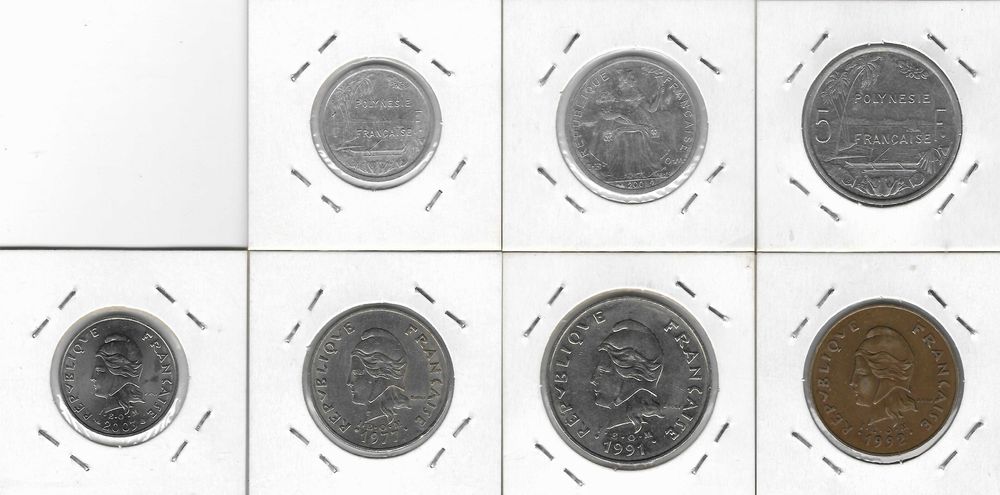 Polinésia Francesa - Coleção de 7 moedas diferentes.