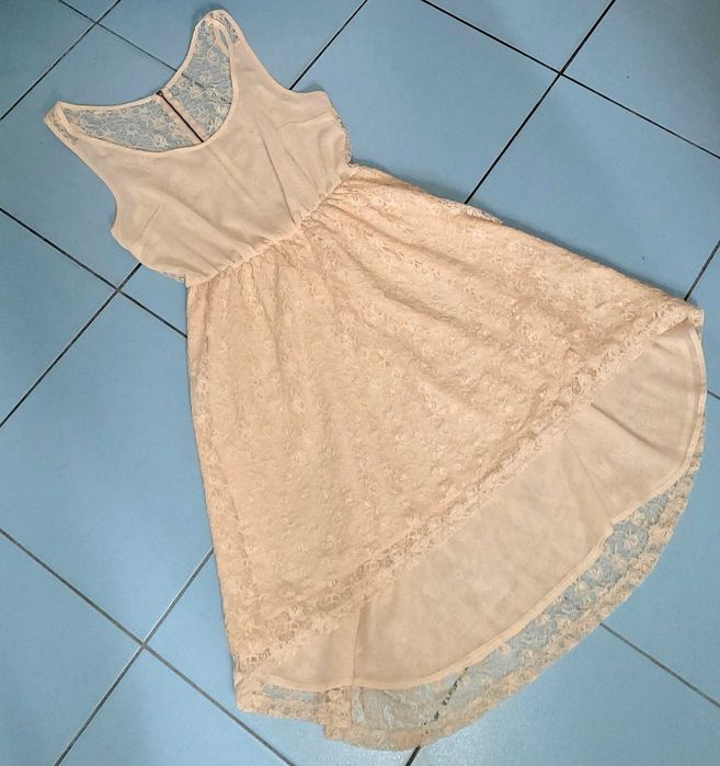elegancka zwiewna kremowo-łososiowa KORONKI sukienka M/L 38/40 10/12