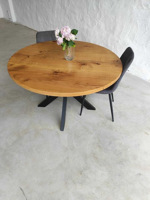 Stół okrągły dębowy 120 cm od stolarza grubość blatu 4 cm premium 120-220 cm  dowolny wymiar beżowy egger dąb lity
