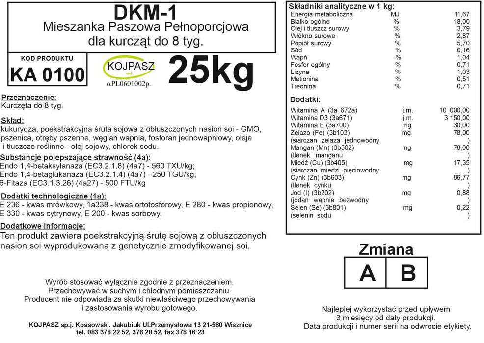 Pasza dla kurcząt DKM-1 forma SYPKA 25kg KOJPASZ
