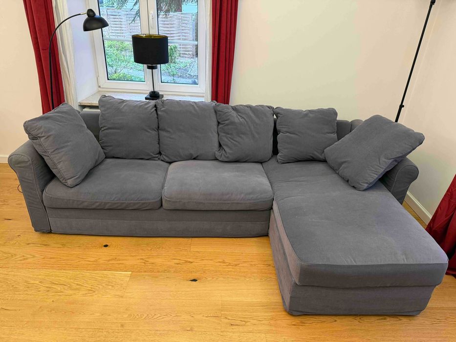 sofa 3-osobowa IKEA GRONLID z szezlongiem i funkcją spania, pojemnik na pościel, szara, duża, wygodna, łóżko 140x200