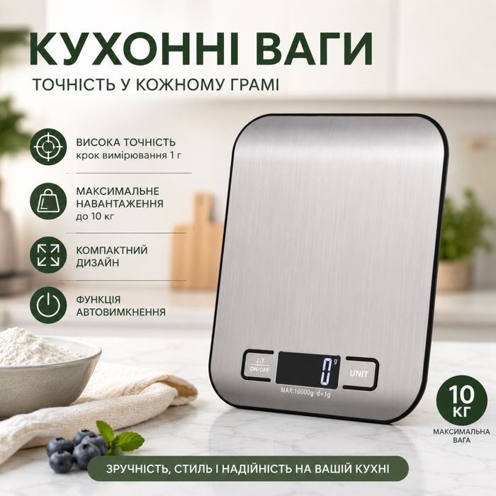 Кухонні електронні ваги 10 кг | LCD-дисплей | Точність 1 г | Нержавіюча сталь