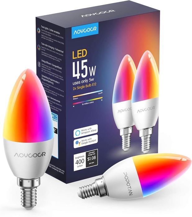 Aoycocr Smart LED E14 żarówka Wi-Fi, 5 W, 400 lm, 2700 – 6500 K + RGB