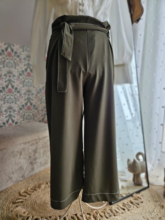 Spodnie damskie szerokie nogawki khaki wide leg M / L elegant chic kul