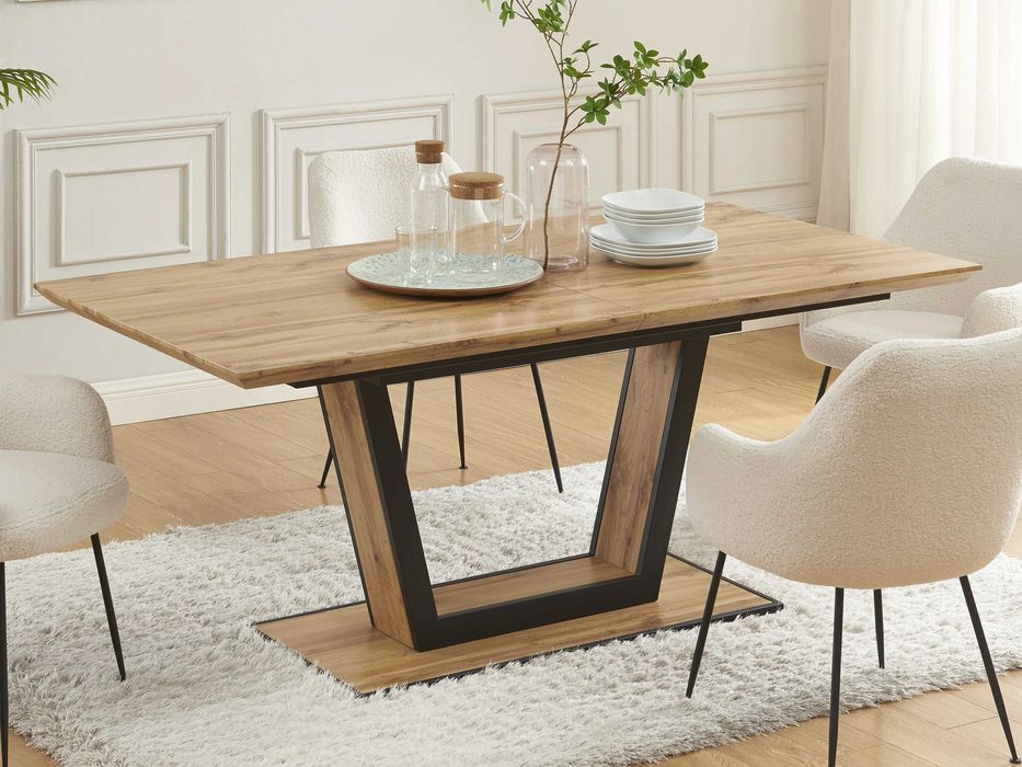 Mesa de jantar extensível 6 a 10 lugares em MDF e metal natural e preto