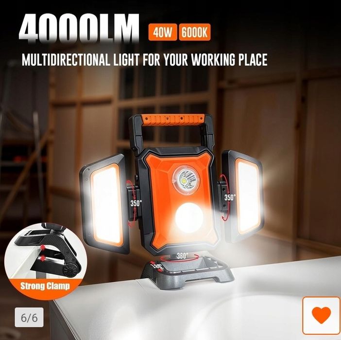Lampa robocza, naświetlacz, 40W, na akumulator, powerbank, ładowarka
