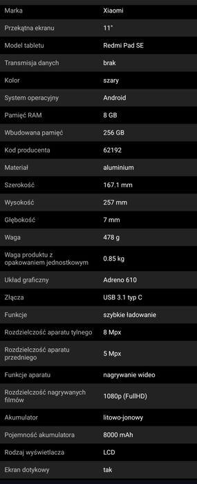 Tablet XIAOMI Redmi Pad SE 11" 8/256GB