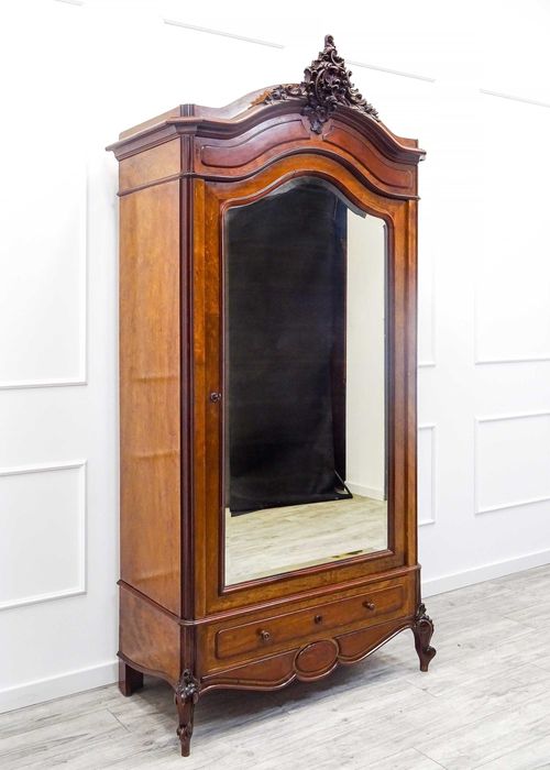 Antyk DREWNIANA szafa BIELIŹNIARKA Rocaille Orzech LUSTRO front 1p. XX