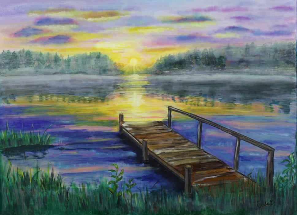 Obraz olejny ręcznie malowany „Pomost o świcie” 55x75 cm jezioro krajobraz