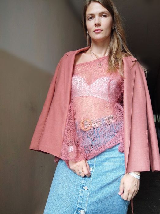Светр павутинка хмарка ручної роботи мохер рожевий цегла