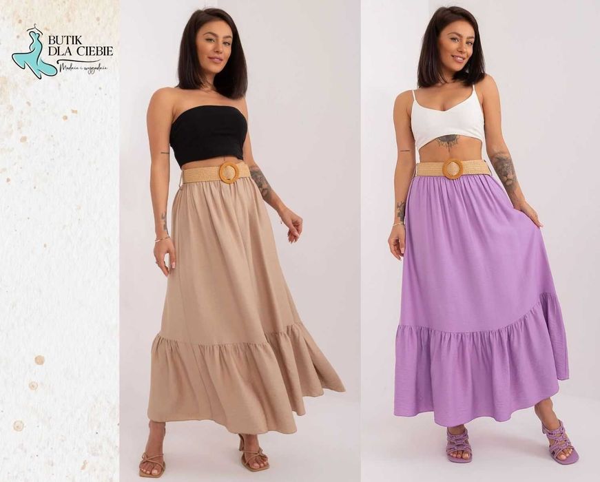 -> Spódnica damska gładka z falbaną i paskiem - kolor: beż lub fiolet / ITALY MODA / Rozmiar: Uniwersalny