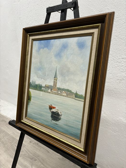 Piękny obraz w drewnianej oprawie pejzaż