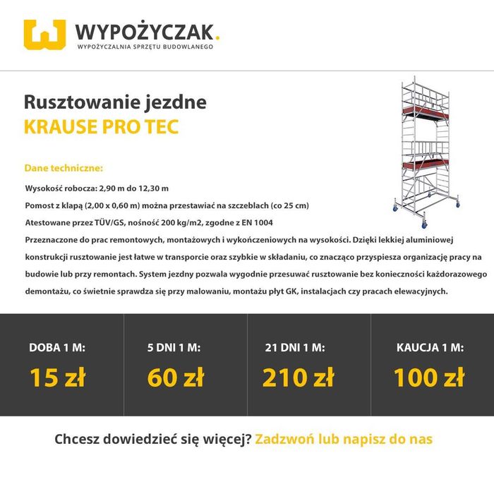 Rusztowanie aluminiowe jezdne przejezdne do 12,3m Krause / podest roboczy - WYNAJEM
