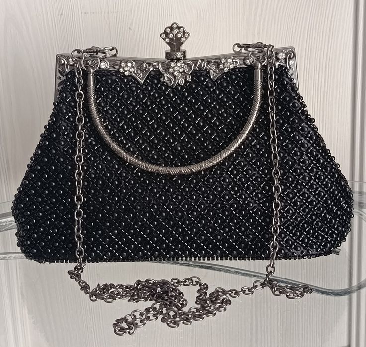 Czarna wyszywana koralikami torebka wizytowa wieczorowa vintage koraliki wysoka jakość ślub wesele bal randka impreza