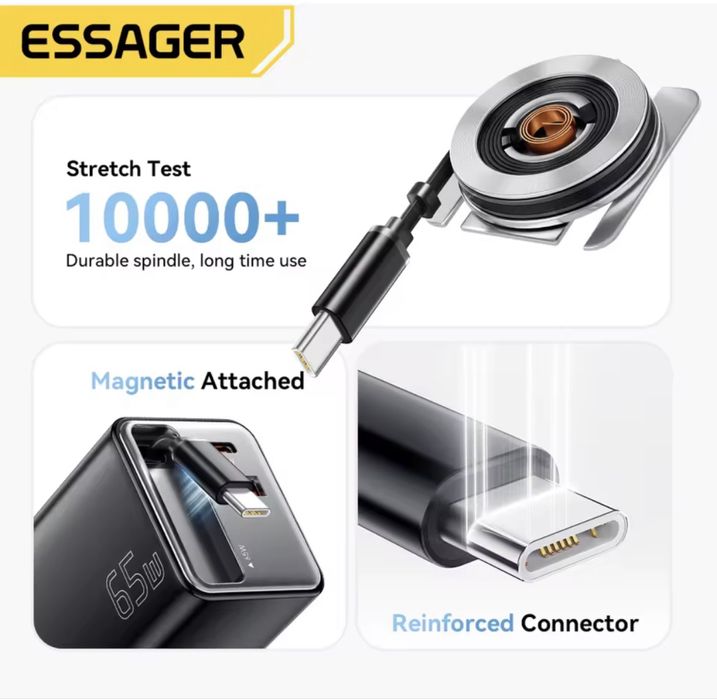 Essager GaN 65W USB-C PD зарядний пристрій з висувним кабелем для iPhone,Samsung,Xiaomi