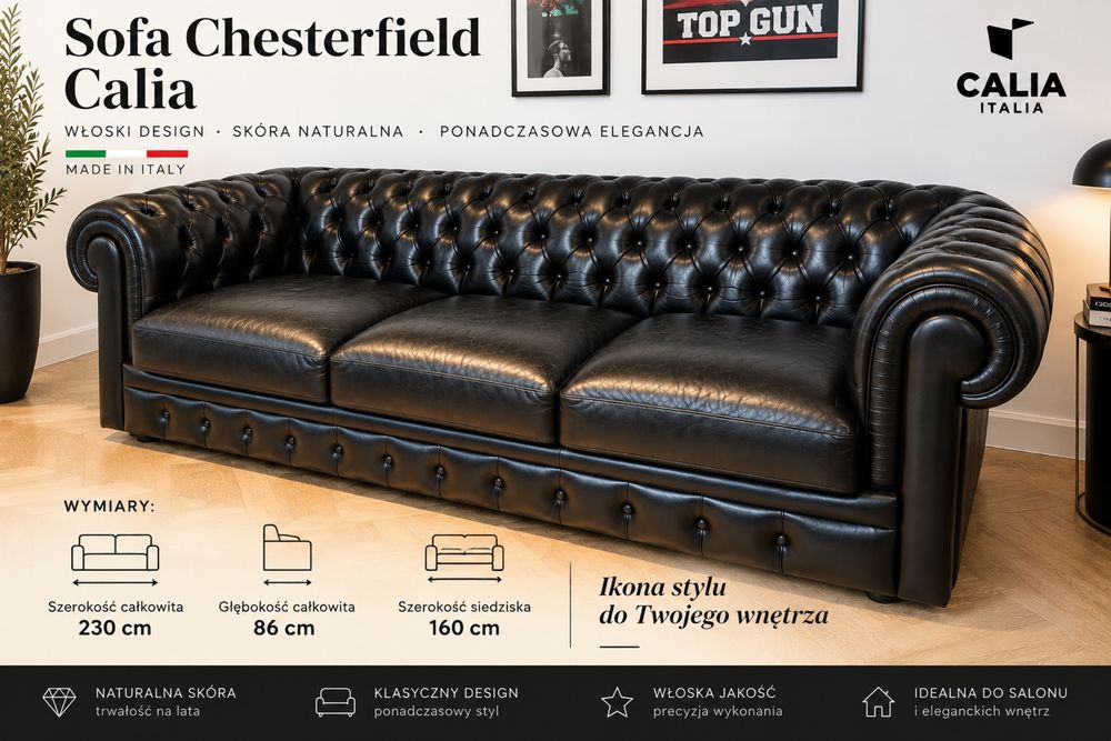 Skórzana sofa Chesterfield Calia – Włochy – skóra naturalna – 230 cm