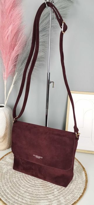 Flora&Co torebka damska mała listonoszka zamszowa bordo wino viral