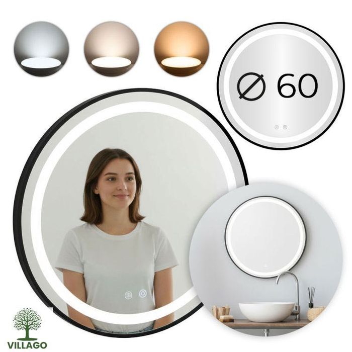 NOWE Lustro łazienkowe LED 60 cm okrągłe z anti-fog Villago Home