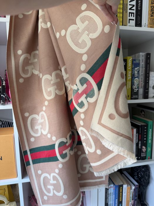 Duży szalik Gucci monogram szal dwustronny beżowy premium