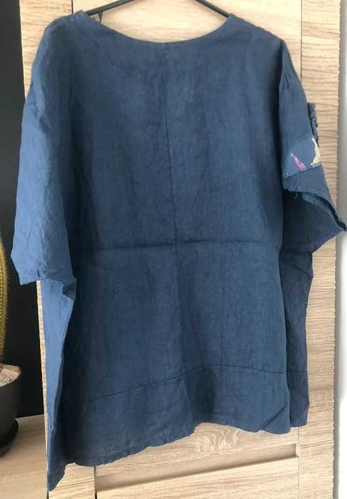 Artystyczna bluzka koszula lniana 100% len granat 140 cm pachy 52 54