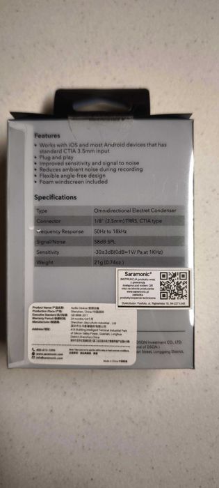 Mikrofon do smartfona Saramonic SmartMic SR1610 złącze mini Jack 3,5