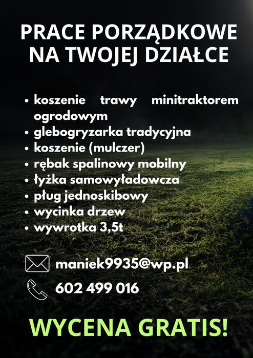 koszenie trawy z koszem  sprzątanie działek mini koparka traktor wywrotka glebogryzarka rębak dobra cena