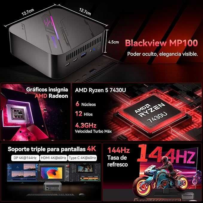 POTÊNCIA DE OUTRO MUNDO, QUE CABE NA PALMA DA MÃO! Blackview Mp100 Ryzen 7430U Mini PC, AMD Radeon, 16 GB RAM, 512 GB PCIE 3.0 SSD, Win 11 Pro