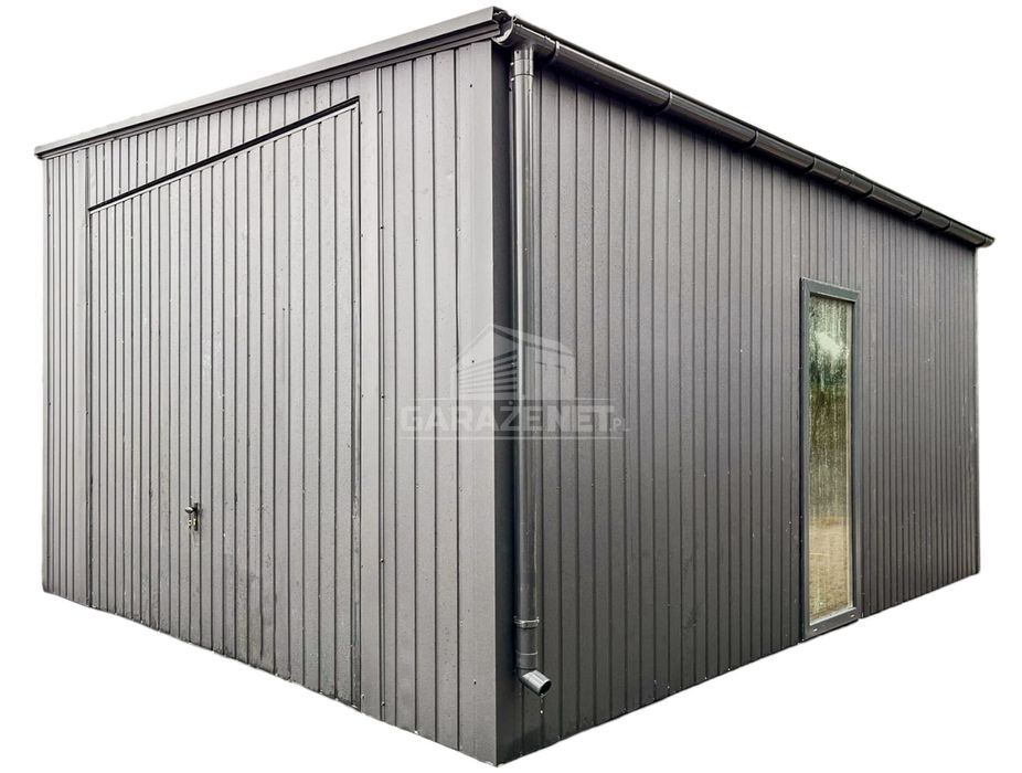 GARAŻ BLASZANY 5X6M Brama Dwuskrzydłowa - Okno - Antracyt - TS768