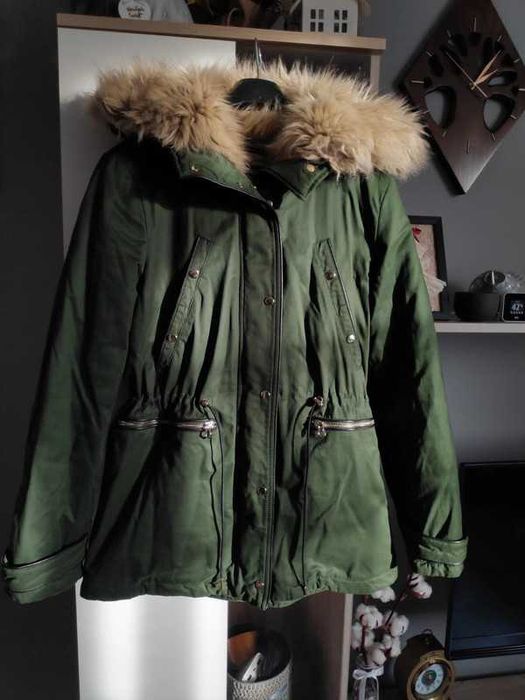 Kurtka zimowa, parka, ciepła, ZARA, futerko, zielona