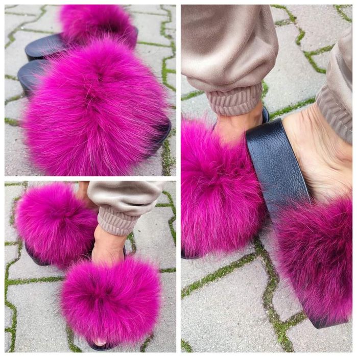 Eleganckie klapki na koturnie naturalne futerko kolory