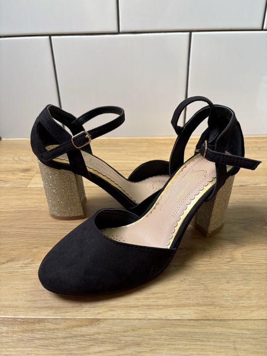 Czolenka buty eleganckie na slupku regro złote czarne 37