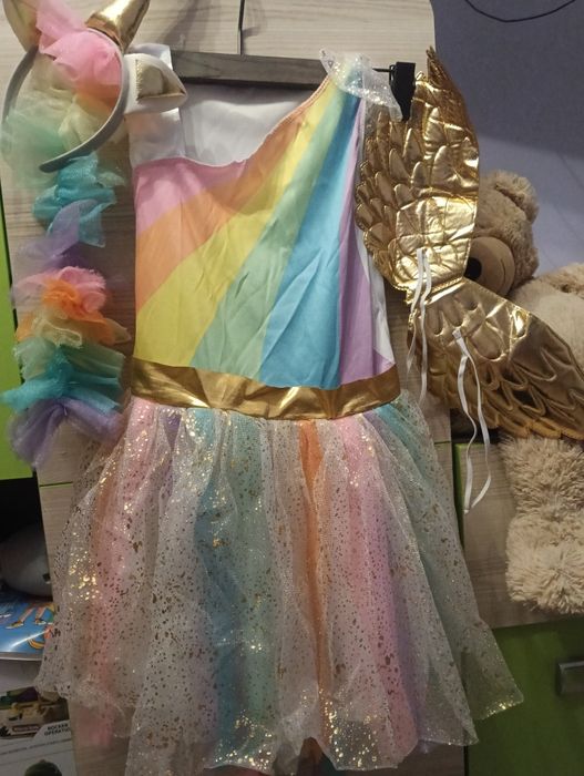 STRÓJ KOSTIUM przebranie  sukienka tęczowy jednorożec 122/128