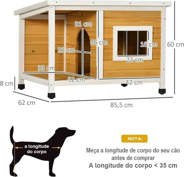 PORTES GRÁTIS - Casota Exterior de Madeira para Cães 85,5x62x60cm