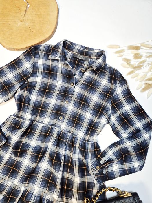 Granatowa sukienka w kratę z długim rękawem elegancka boho dekolt v M 38