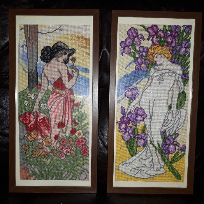 2 obrazy haft krzyżykowy damy kobiety kwiaty