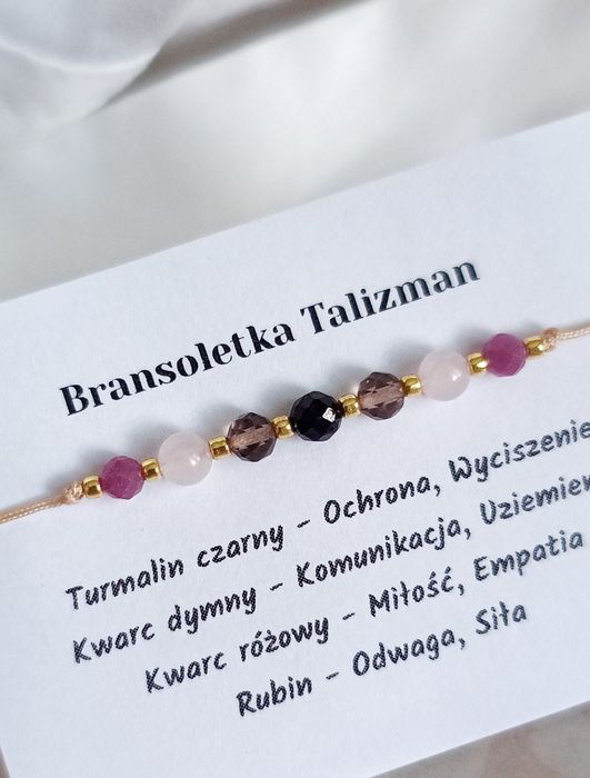 Bransoletka kamienie naturalne turmalin czarny kwarc dymny kwarc różowy
