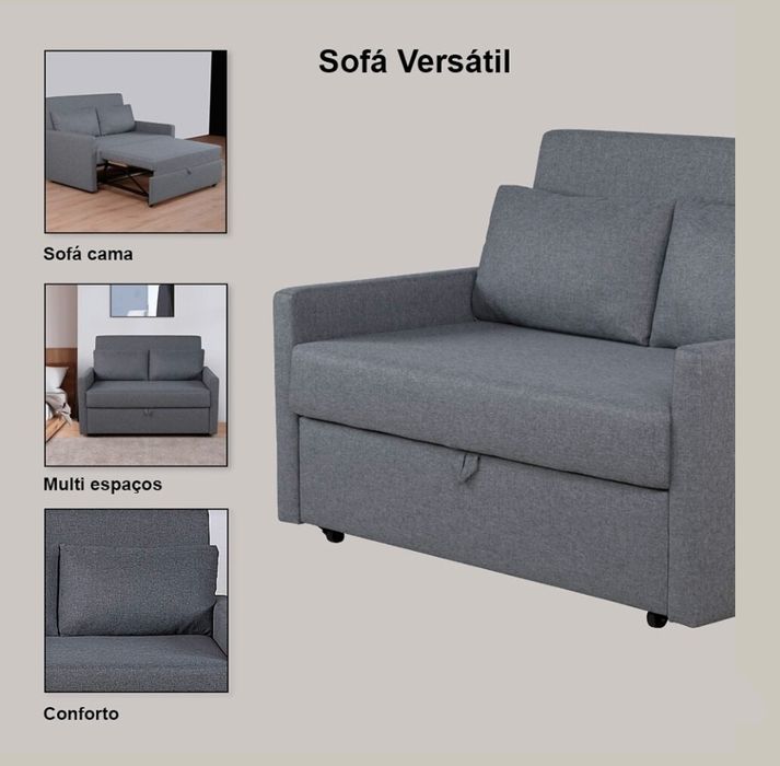 Sofá CAMA, Cinza, de 2 Lugares. NOVO