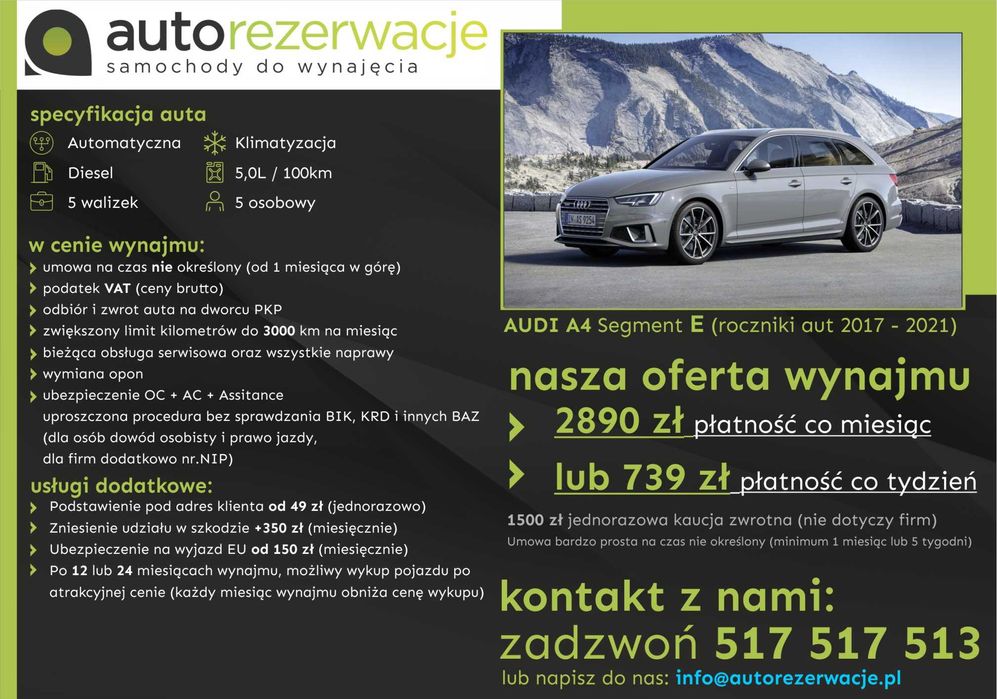 Wynajem wypożyczenie samochodów/aut za 1299 za 30 dni lub 335 co 7 dni