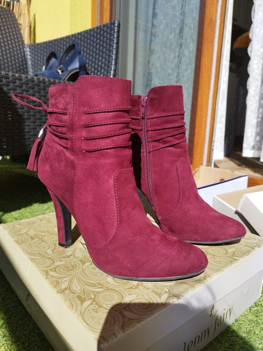 Buty botki Jenny Fairy na obcasie na wiosnę jesień bordowe czerwone 40