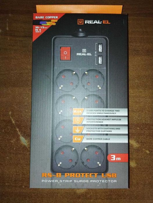 Сетевой фильтр REAL-EL RS-8 PROTECT USB 3m black