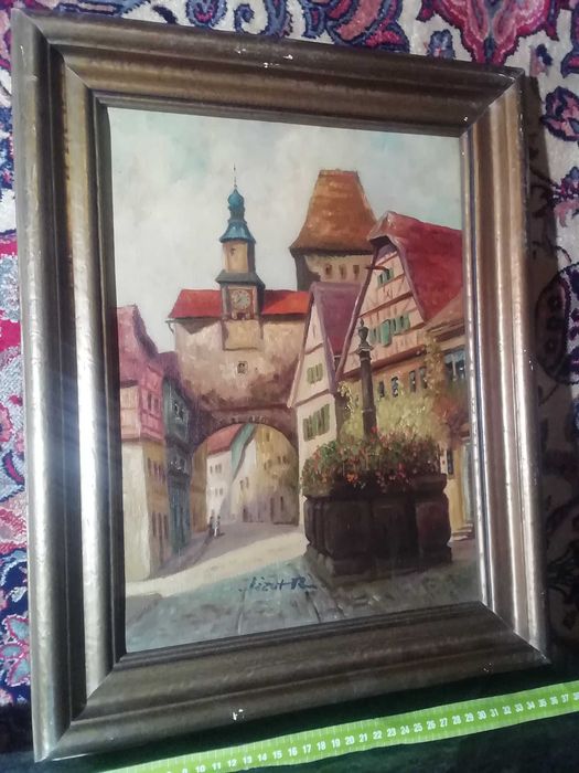 Obraz architektura sygn. R. Lizut płótno olej w ramach