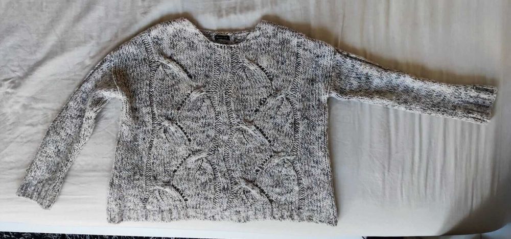 Suéter Pulôver Cinza Cáqui Chunky Tricotado Ouro Mohair Lã Aran M