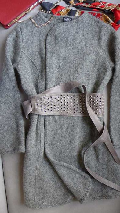 ISLANDZKI SWETER długi kardigan S 36 / M 38 wełniana podpinka narzutka