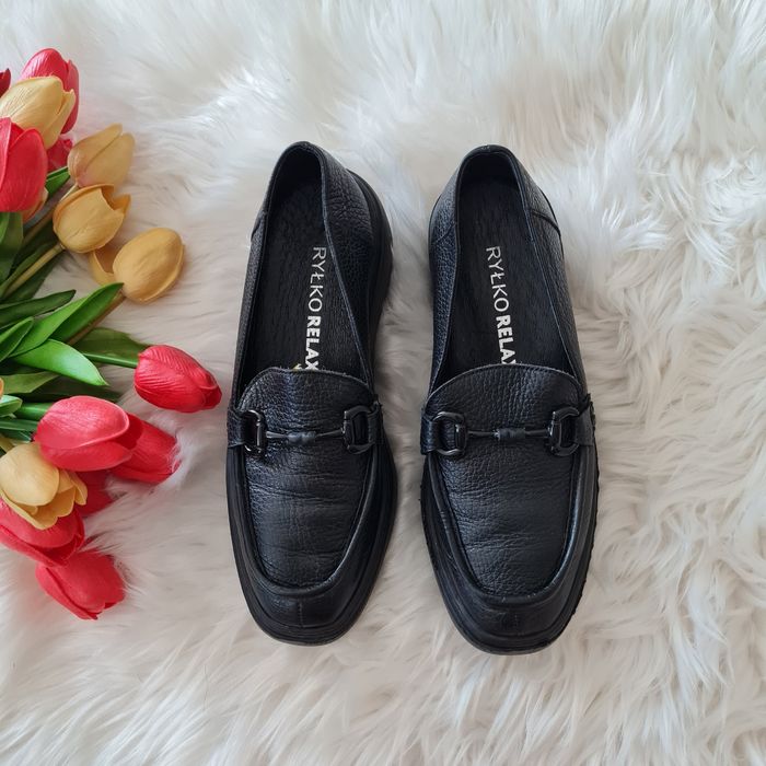 Nowe Ryłko Relax - Czarne Skórzane Mokasyny z klamrą na Koturnie 36