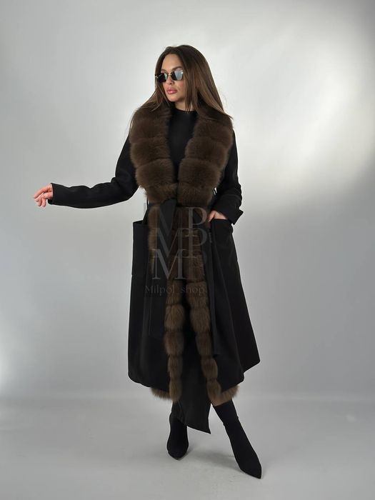 Женское чёрное пальто с натуральным мехом песца, 115 см, 42-54 размеры