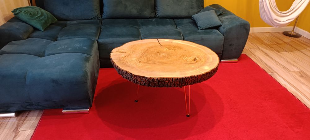 Nowy Duży Stolik Kawowy LOFT z Plastrem Drewna i Korą