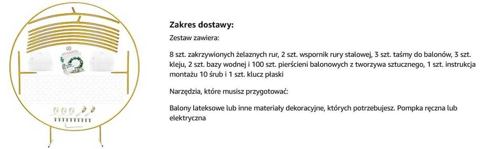 Stelaż metalowy do dekoracji, łuk ślubny 2,2m na balony, kwiaty, złoty